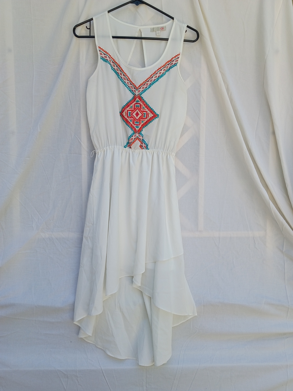 Gianni Bini White Hi-Low Dress with Coral & Turquoise Embroidery Trim